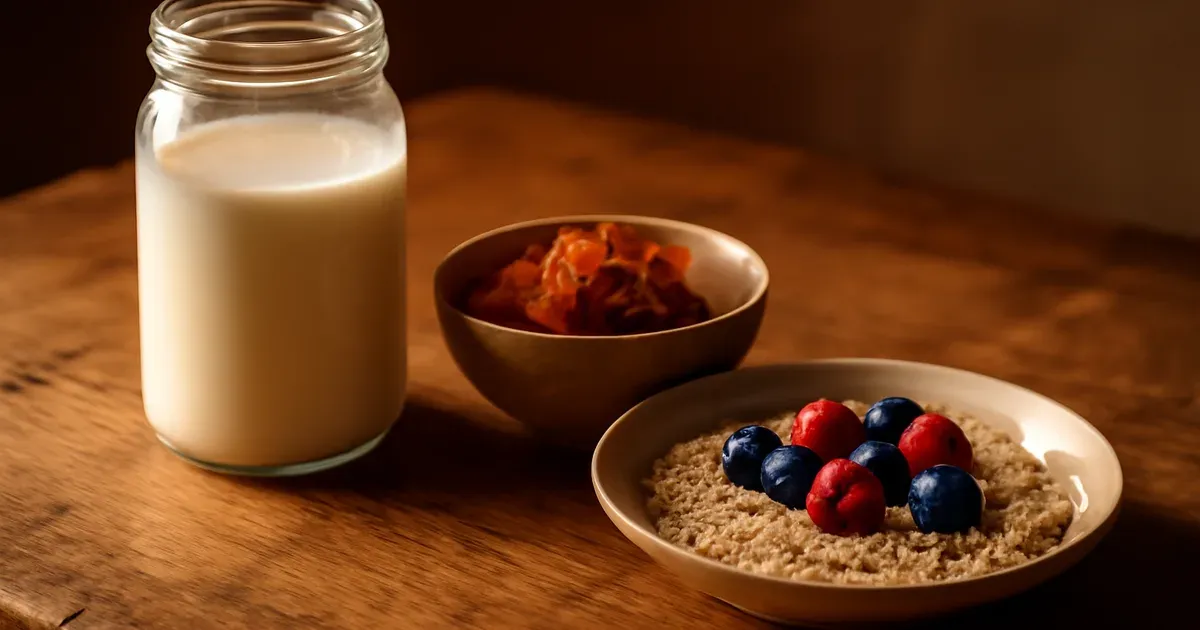 Fermented foods including kefir and kimchi alongside oats, supporting gut microbiome health and muscle building after 30