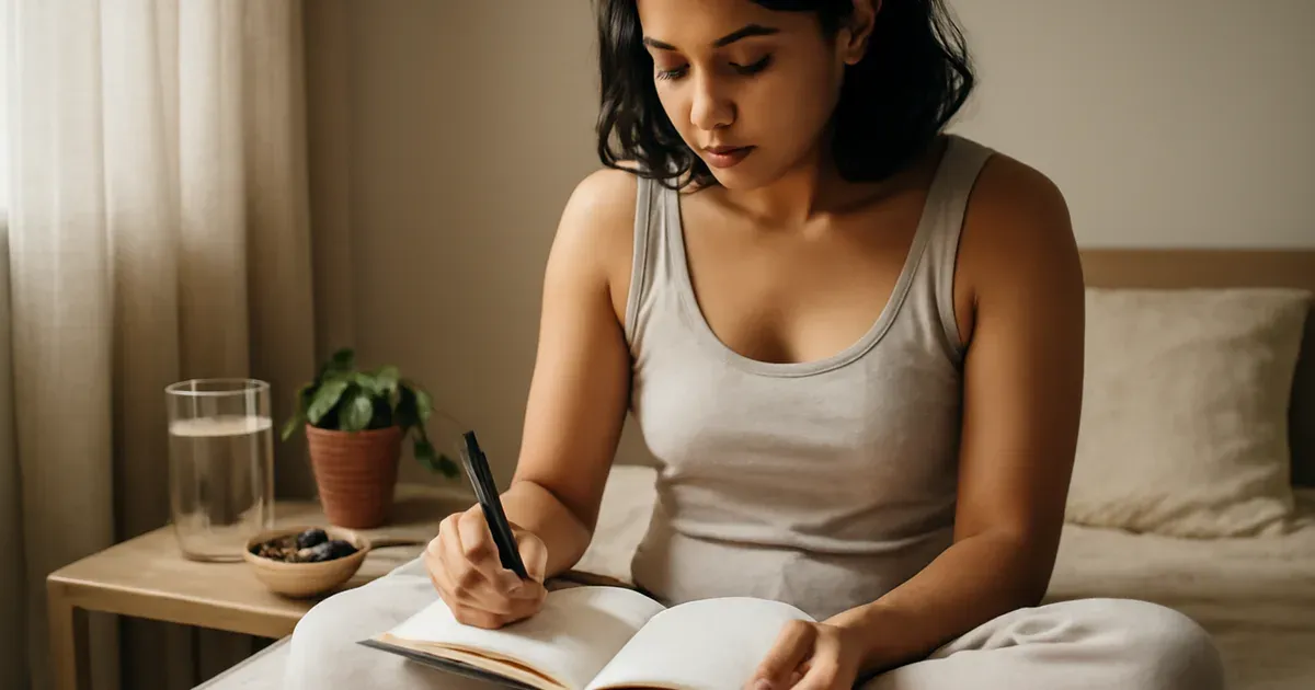 Woman journalling her menstrual cycle phases for cycle syncing on a bright morning