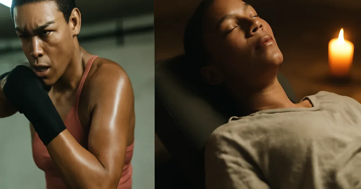 Woman boxing versus doing yoga — cycle syncing workouts adjusted for each menstrual phase