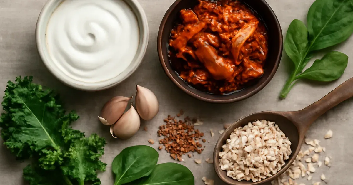 Gut-healthy foods including fermented yoghurt, kimchi, garlic and leafy greens that support the estrobolome during the menstrual cycle