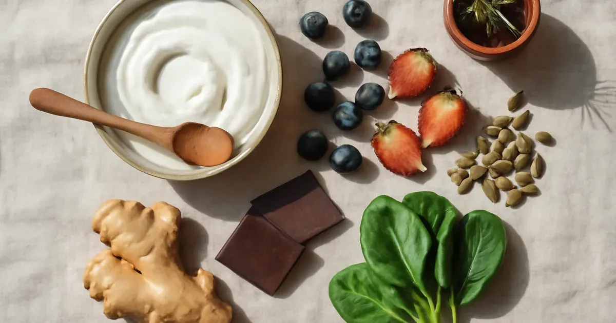 Gut-health foods including yogurt, greens, and seeds that support the gut-brain axis during the menstrual cycle