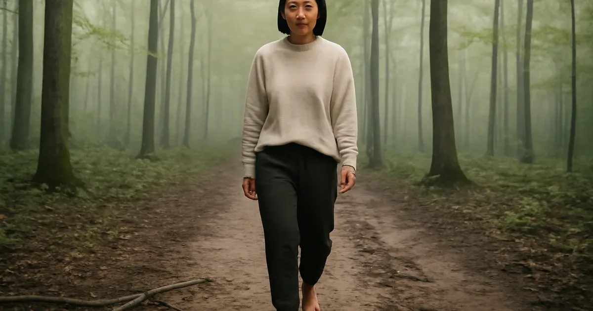 Woman walking in nature during menstruation phase as part of a gentle cycle syncing workout plan