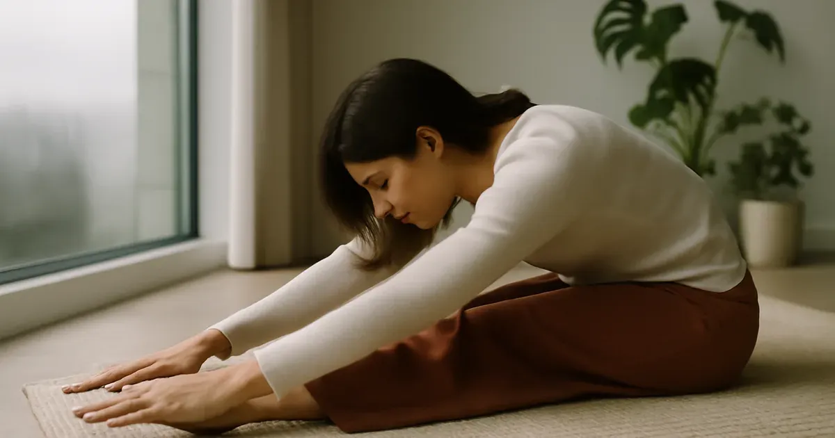 Woman doing restorative yoga during the luteal phase as part of a cycle syncing workouts plan to reduce PMS symptoms