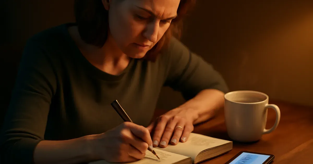Woman tracking her menstrual cycle and gut symptoms in a journal to optimise her cycle syncing workouts over time