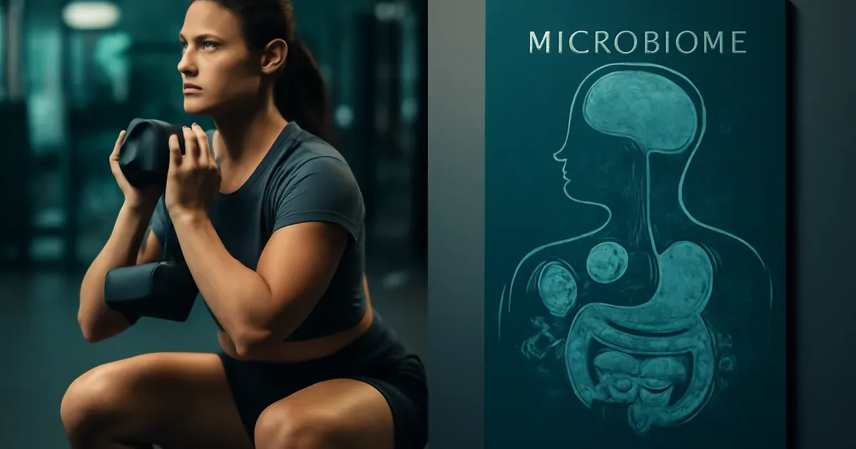 Split image showing strength training and gut-brain axis microbiome connection relevant to cycle syncing workouts