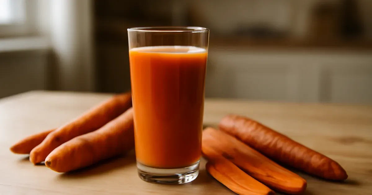 A glass of fresh carrot juice with whole carrots beside it, illustrating daily carrot juice benefits