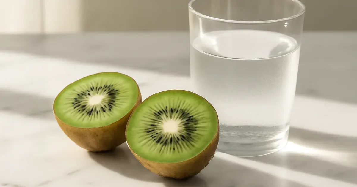 Halved kiwi fruit on a marble surface — daily kiwi may improve sleep and gut health