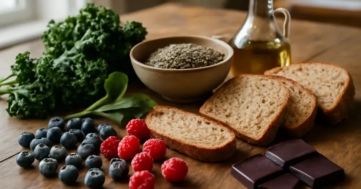Whole foods rich in dietary fiber and polyphenols supporting gut health and microbiome diversity on a wooden table