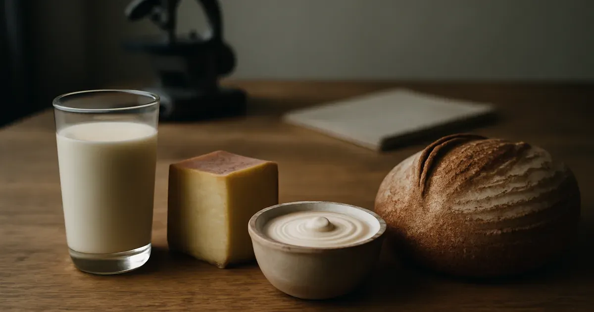 Dairy products and wheat bread on a counter, representing dietary proteins that may protect gut microbiome against cholera bacteria