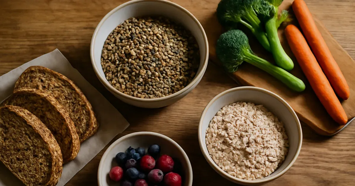 Colorful fiber-rich foods including lentils, whole grains, and vegetables arranged on a wooden table to support gut health