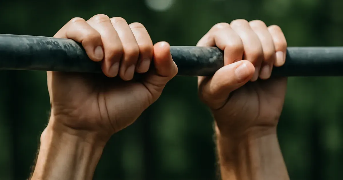 Adult gripping a pull-up bar demonstrating grip strength as a key physical indicator of longevity