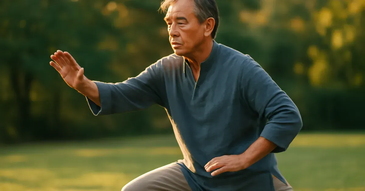 Older adult practising Tai Chi outdoors supporting gut-brain health and longevity through mindful movement