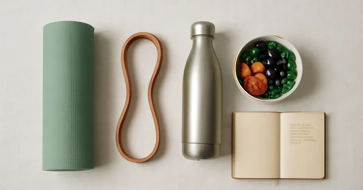 Longevity wellness tools including yoga mat, resistance band, vegetables and journal representing holistic exercise and gut health approach