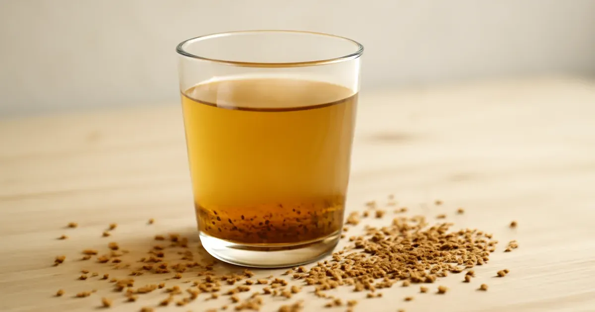 Glass of fenugreek water with seeds for gut health and diabetes management on a wooden table