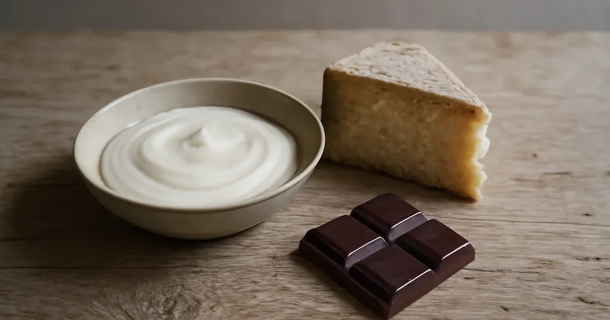 Fermented foods linked to longer life — yogurt, cheese, and dark chocolate on a wooden table