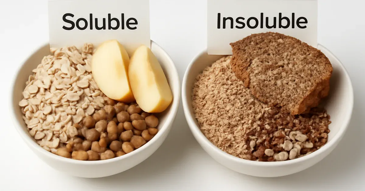 Two bowls showing soluble and insoluble fiber food sources to support gut microbiome and fiber macro balance
