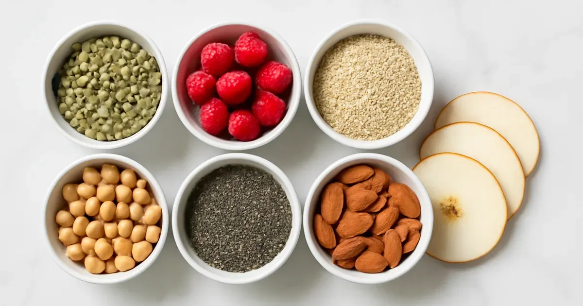 High-fiber foods including lentils, raspberries, chia seeds, and quinoa supporting fiber and gut health