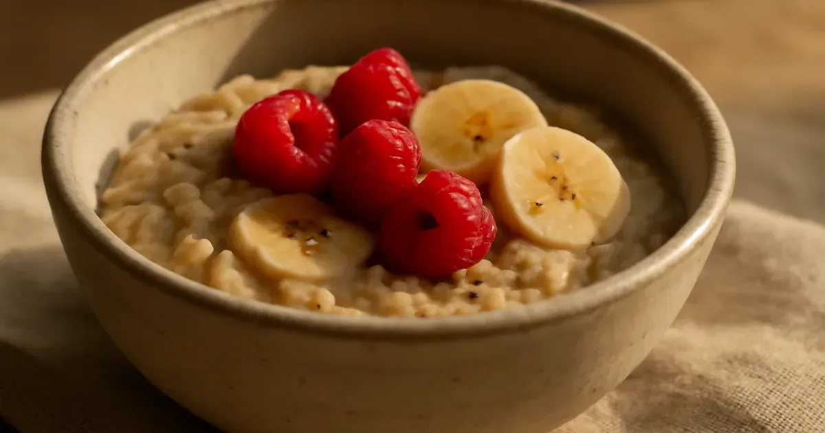 Bowl of oatmeal with raspberries and chia seeds — a high-fiber breakfast supporting gut health