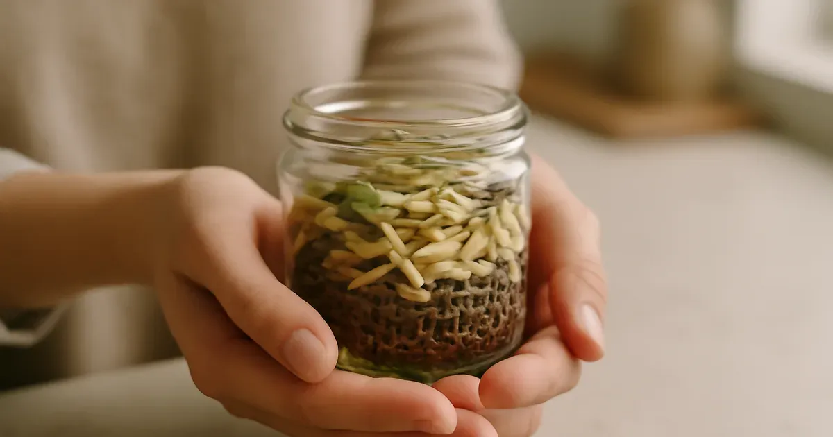 Mixed seeds and nuts in a glass jar as a portable high-fiber snack for gut health