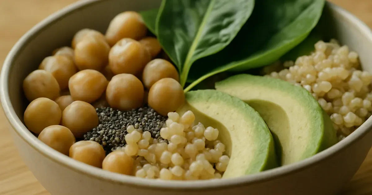 Low-FODMAP high-fiber foods like chia seeds, chickpeas and quinoa that support gut microbiome health