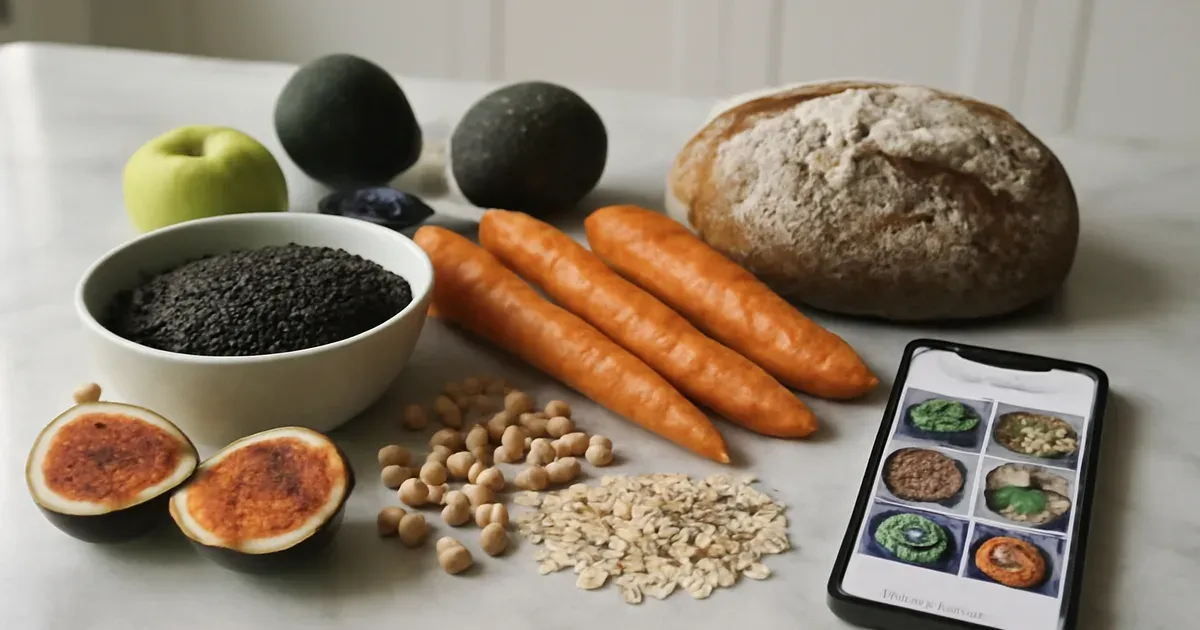 High-fibre whole foods on a kitchen counter next to a phone showing a wellness feed, representing the fibre diet trend and gut health