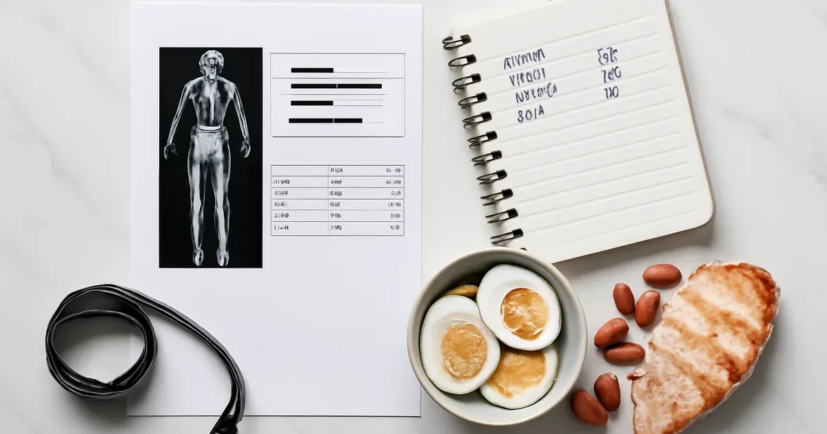 DEXA scan printout beside nutrition journal and healthy foods representing body composition tracking
