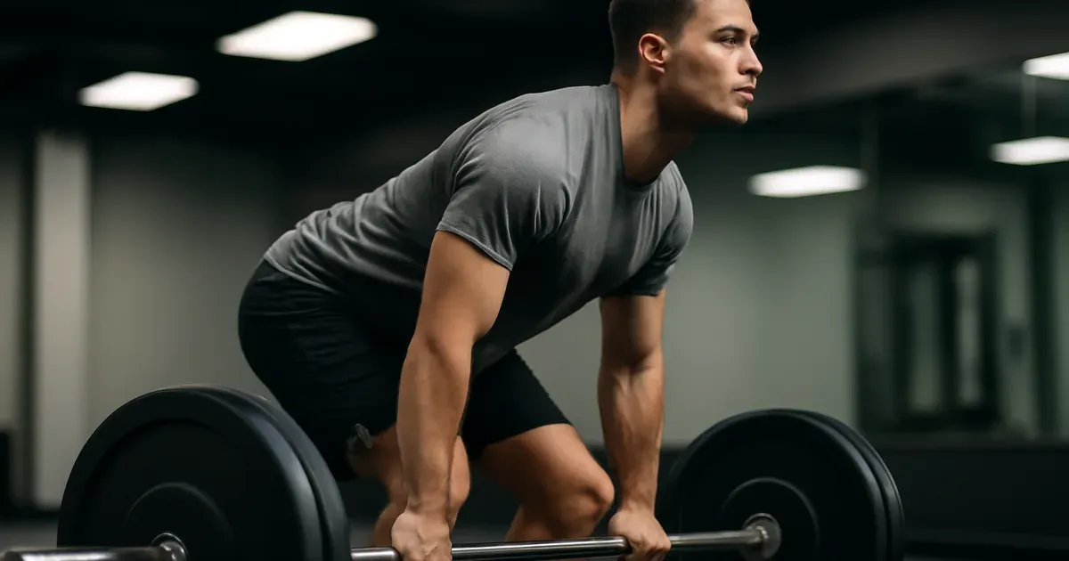Person in their 30s performing a deadlift in a gym as part of a body-composition-based fitness programme