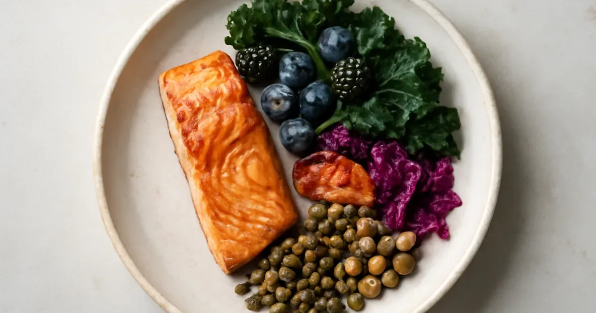 Balanced meal with salmon, fermented vegetables, legumes and berries supporting gut health and muscle gain in your 30s