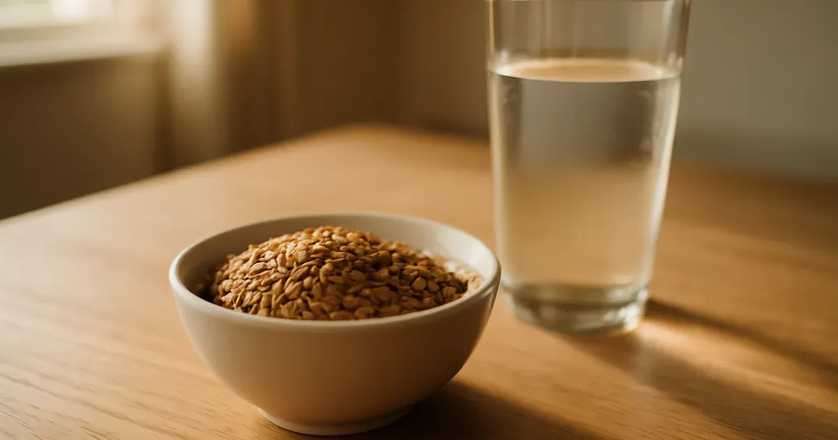 Bowl of flaxseeds on a wooden breakfast table illustrating benefits of eating flaxseeds on an empty stomach
