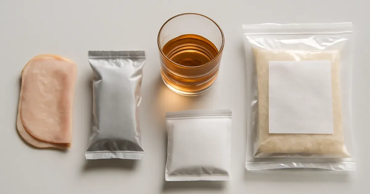 Five foods that damage the gut microbiome including processed meats and alcohol arranged on a white surface