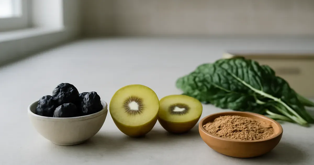Four whole foods known to ease constipation and support gut microbiome health arranged on a kitchen counter