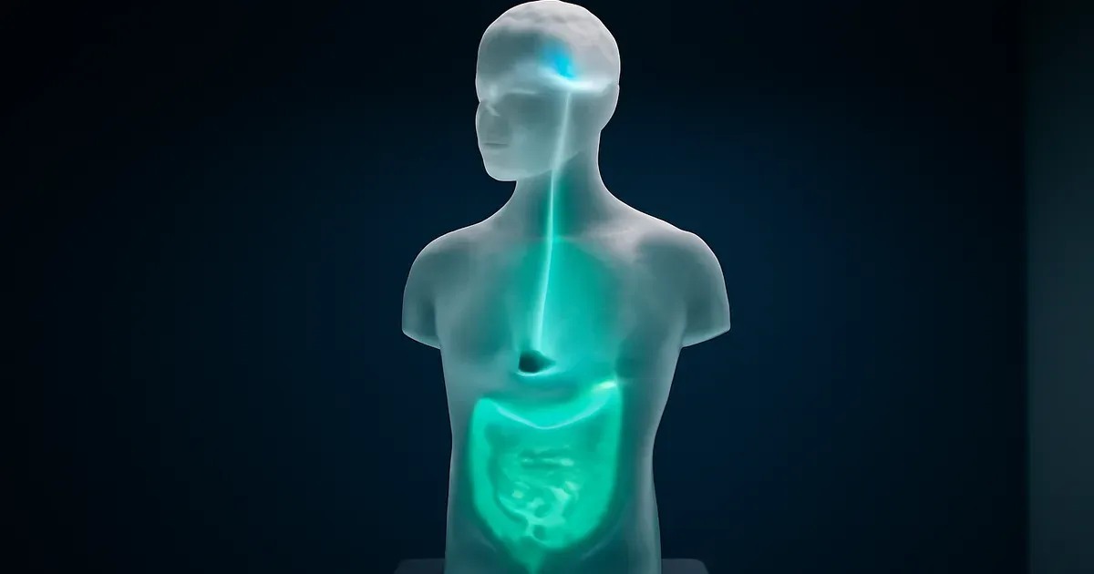 Illustration of gut-brain axis connection showing gut bacteria linked to ALS and dementia trigger pathways