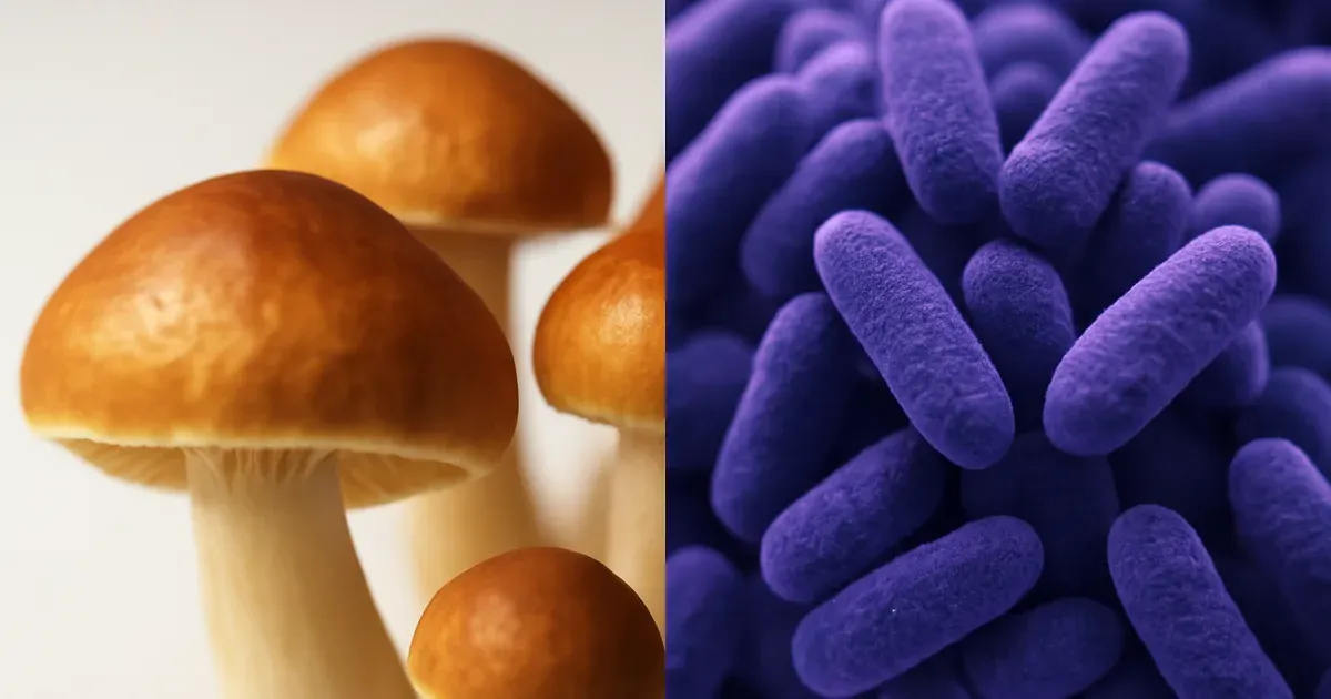 Composite image of psilocybin mushrooms and gut microbiome bacteria representing the psilocybiome concept