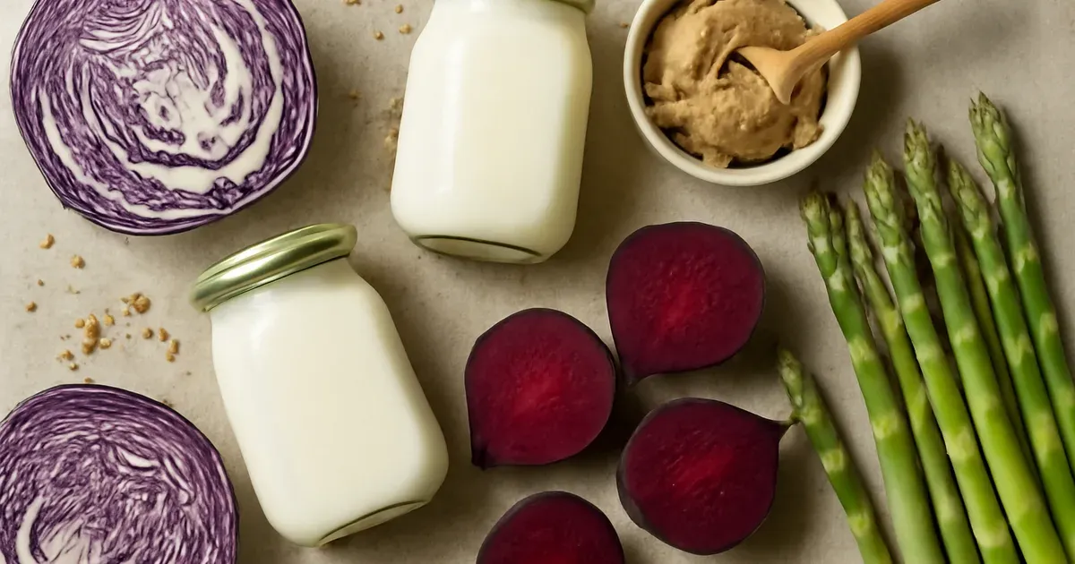 Diverse whole foods and fermented foods that support gut microbiome health and the gut-brain axis