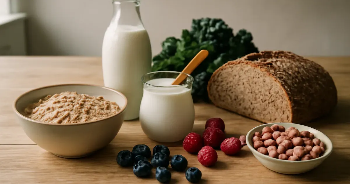 Colourful spread of gut-friendly diet foods including oats, yoghurt, kefir, beans and fresh vegetables on a wooden table