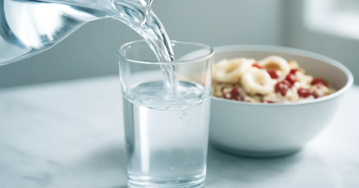 Glass of water poured next to a bowl of oats and fruit, illustrating hydration for a gut-friendly diet