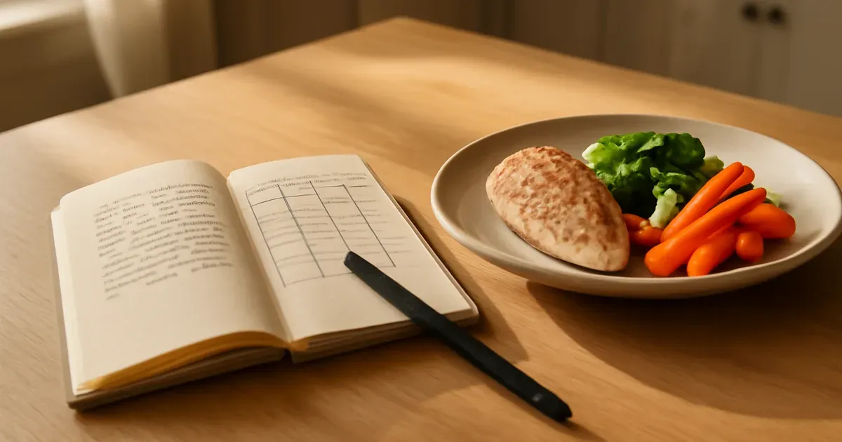 Open food diary beside a plate of grilled chicken and vegetables, used to track gut symptom triggers