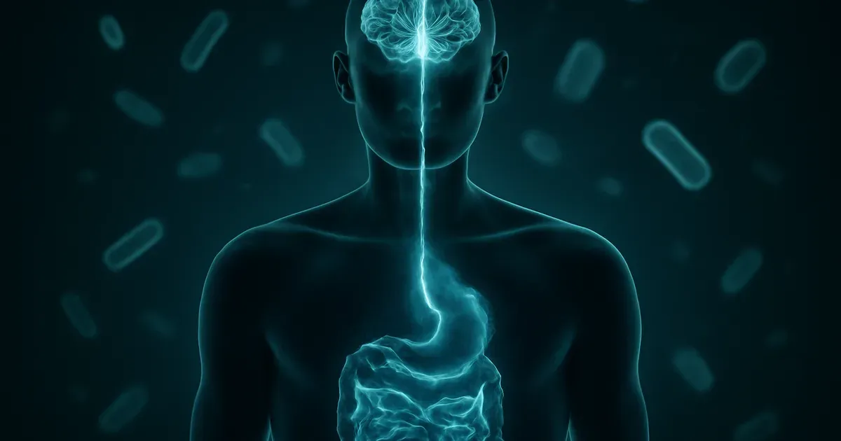 Conceptual illustration of the gut-brain axis showing a neural pathway from gut to brain in a human silhouette