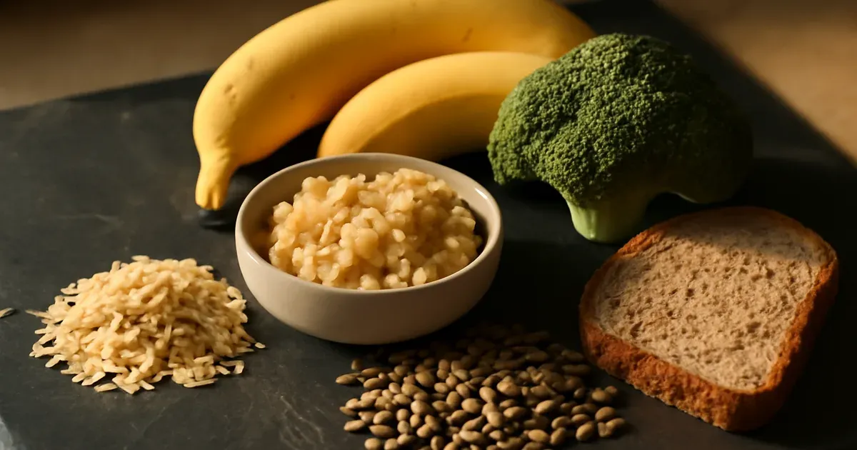 High-fibre gut-friendly diet foods including oats, brown rice, lentils, broccoli and wholemeal bread on a slate board