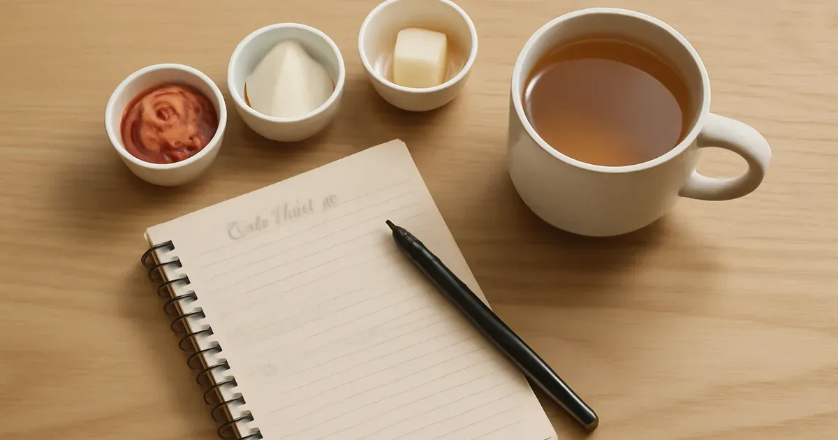 Food diary notebook beside herbal tea and common gut trigger foods including tomatoes, onion and dairy products