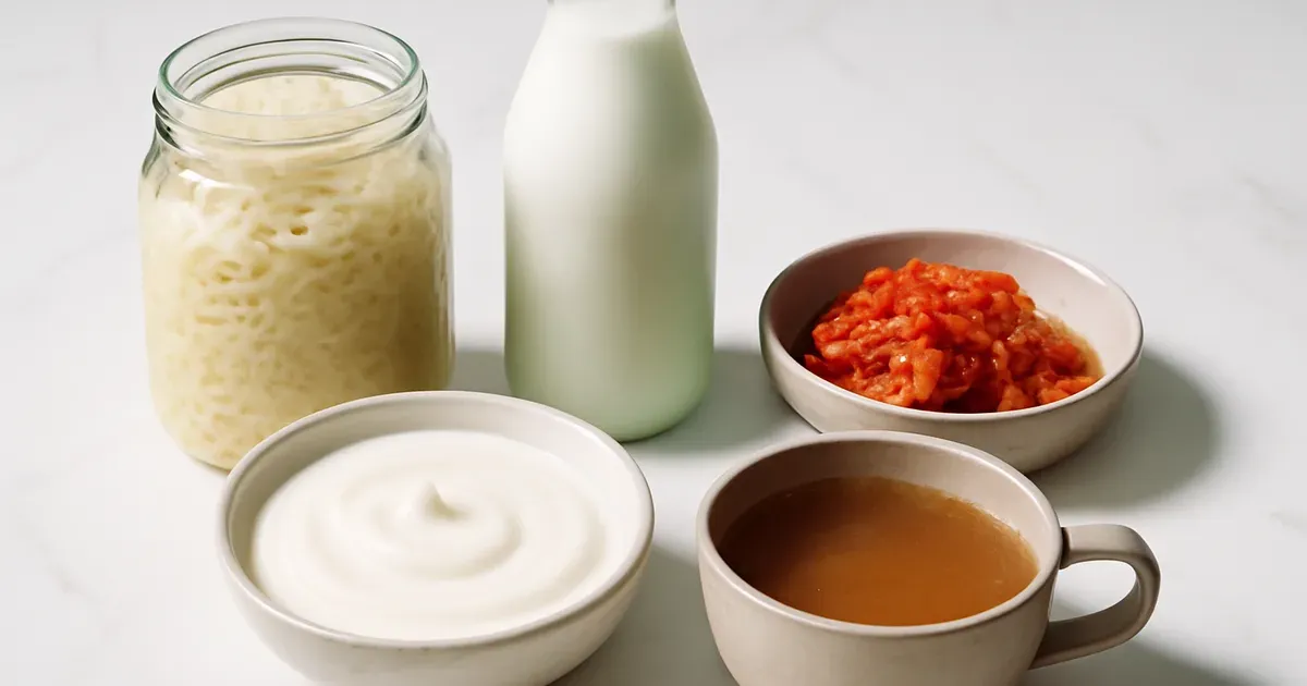 Fermented probiotic foods for gut-friendly diet including sauerkraut, kefir, live yoghurt, kimchi and miso soup