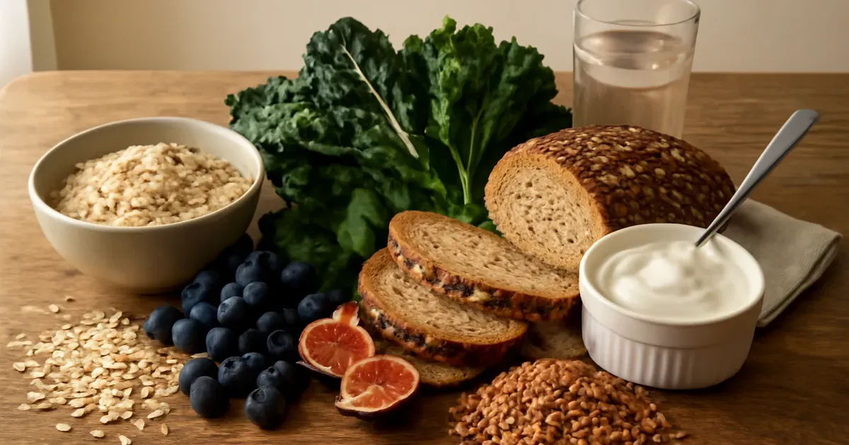 Colourful spread of gut health diet foods including fibre-rich grains, fruits, vegetables, and live yoghurt