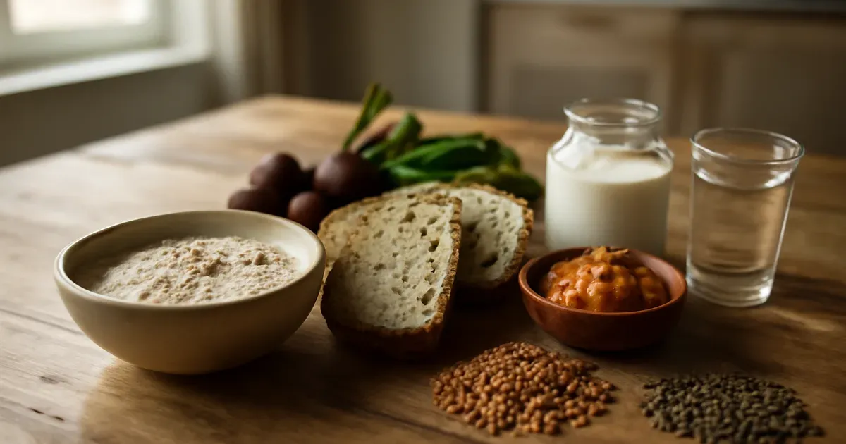 Colourful gut health diet foods including oats, vegetables, live yoghurt and fermented kimchi on a wooden table