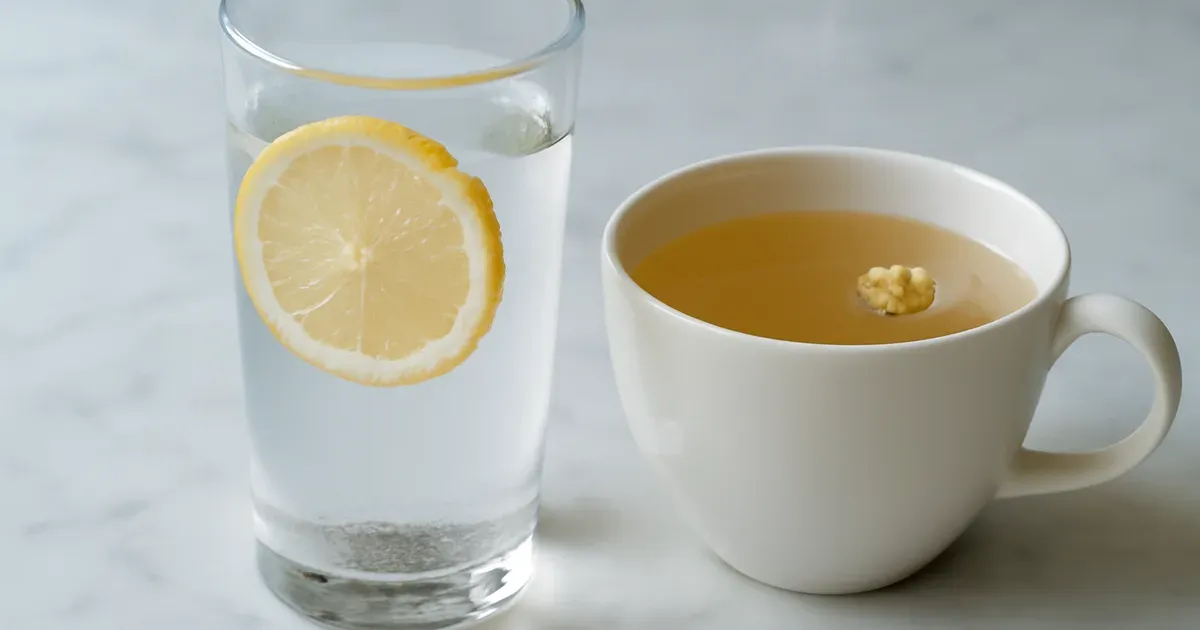 Glass of water and herbal tea — ideal drinks for gut health and digestion