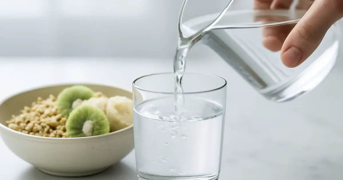 Glass of water poured next to high-fibre gut health foods including oats, chia seeds and fruit