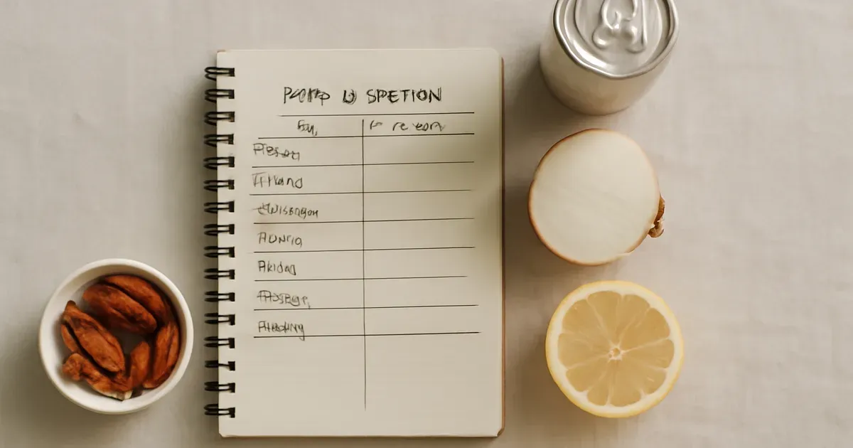 Food diary notebook open beside common gut trigger foods like chillies, onion and citrus for tracking gut health diet