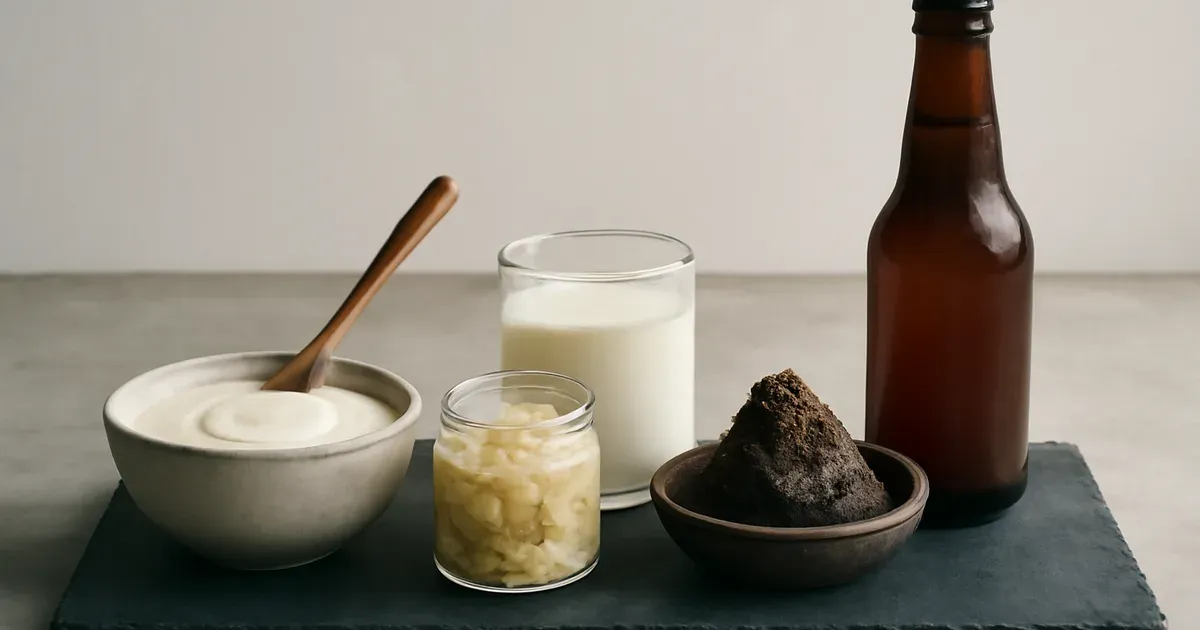 Selection of probiotic fermented foods including yoghurt, kefir, sauerkraut, and miso for gut microbiome health