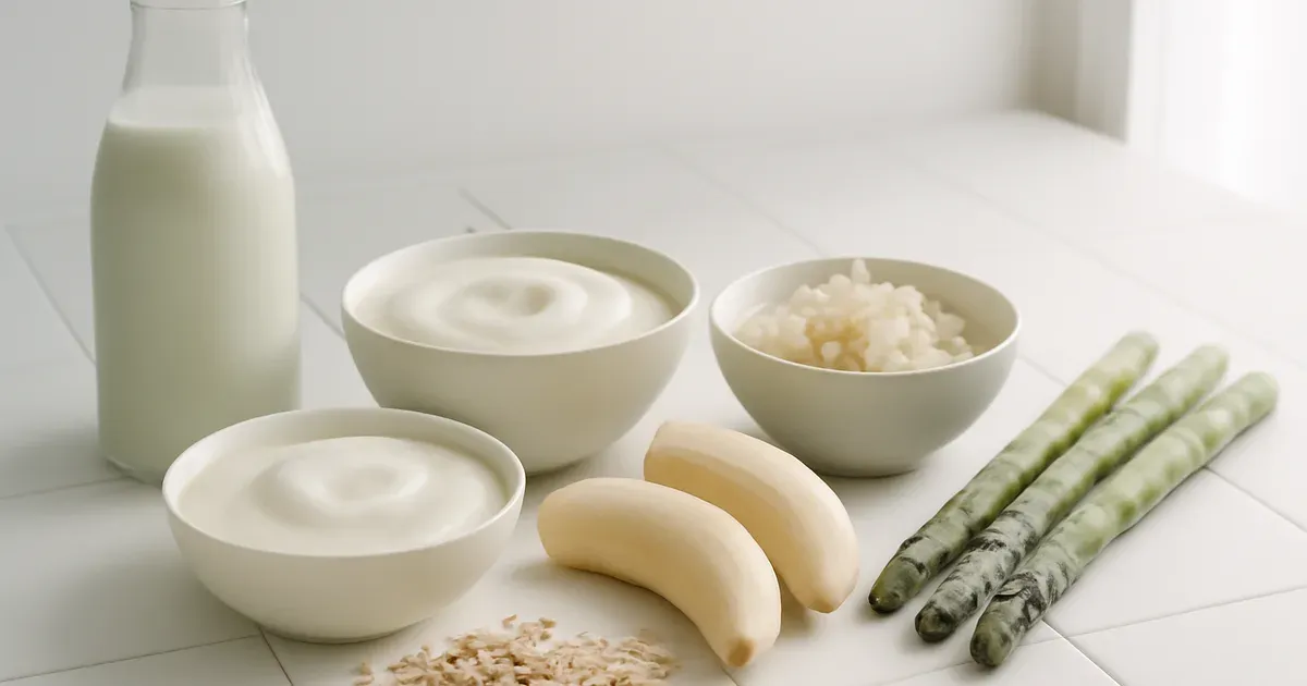 Probiotic and prebiotic gut health foods including kefir, live yoghurt, sauerkraut, banana and asparagus