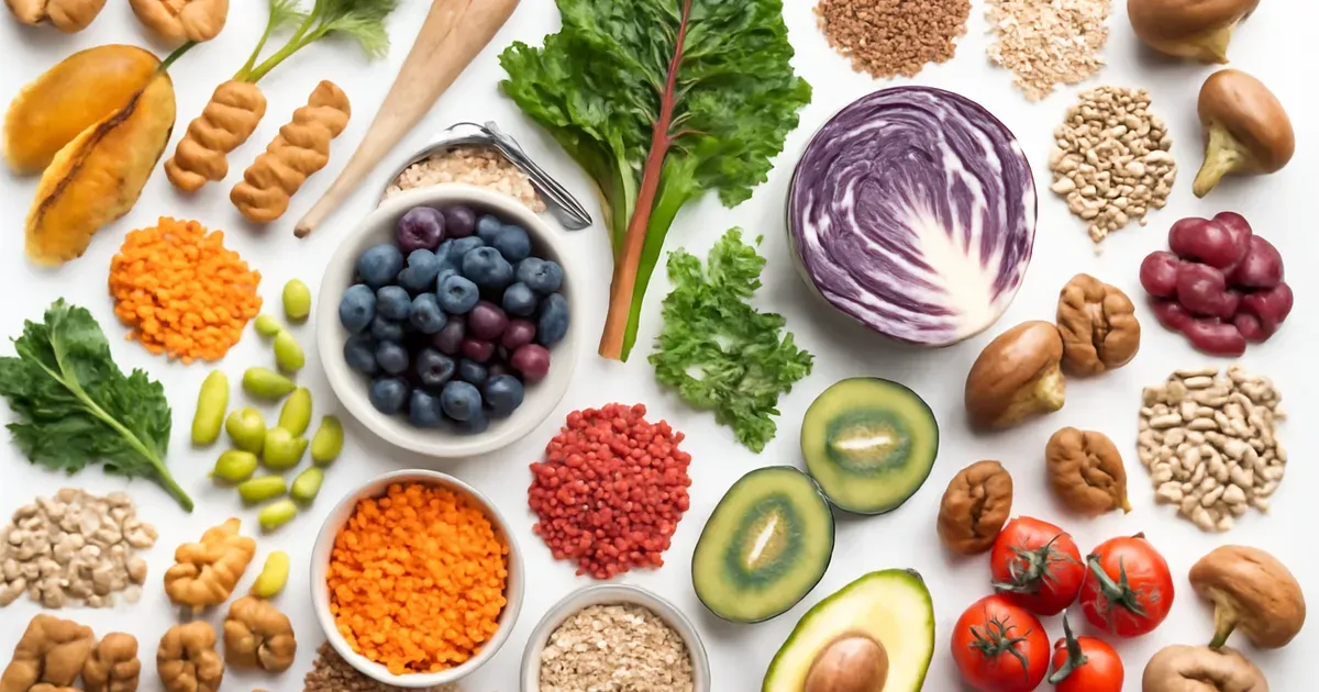 30 different plant foods arranged in a flat lay to represent dietary diversity for gut health UK microbiome