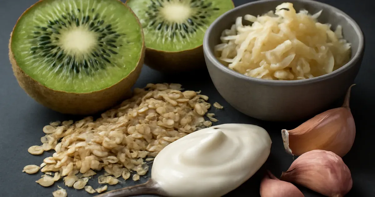 Close-up of prebiotic and probiotic foods including sauerkraut, kefir, oats and garlic supporting microbiome diversity